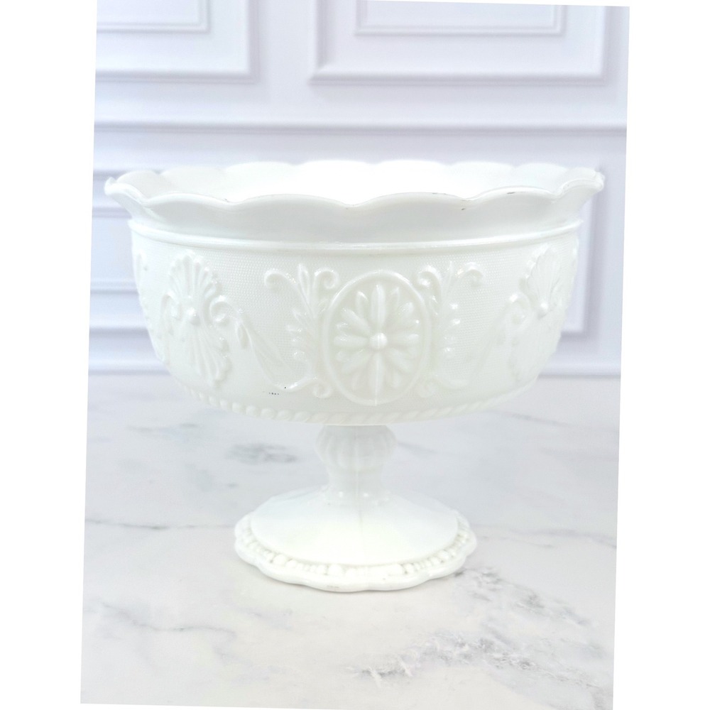 VTG White Milk Glass 7" Pedestal Compote Fruit Bowl Scroll Foot Floral Medallion
